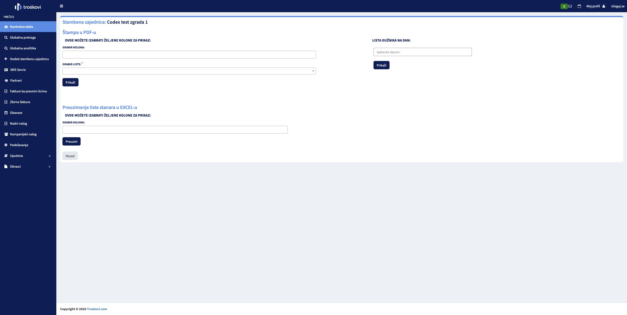 Odeljak za pripremu PDF spiska stanara sa izborom kolona, vrste liste i dugmetom Prikaži.