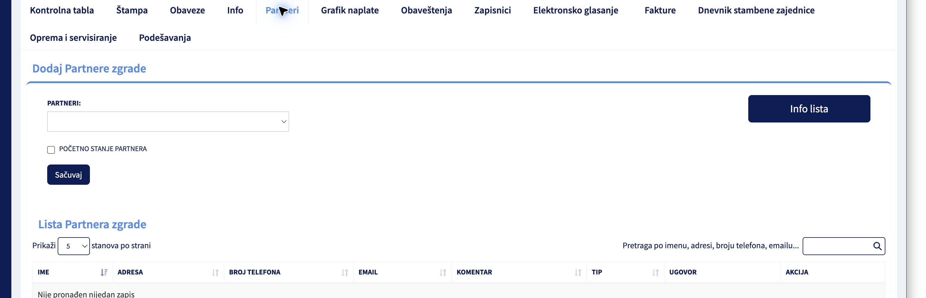 Kartica Partneri stambene zajednice sa izborom partnera, početnim stanjem i dugmetom Sačuvaj.