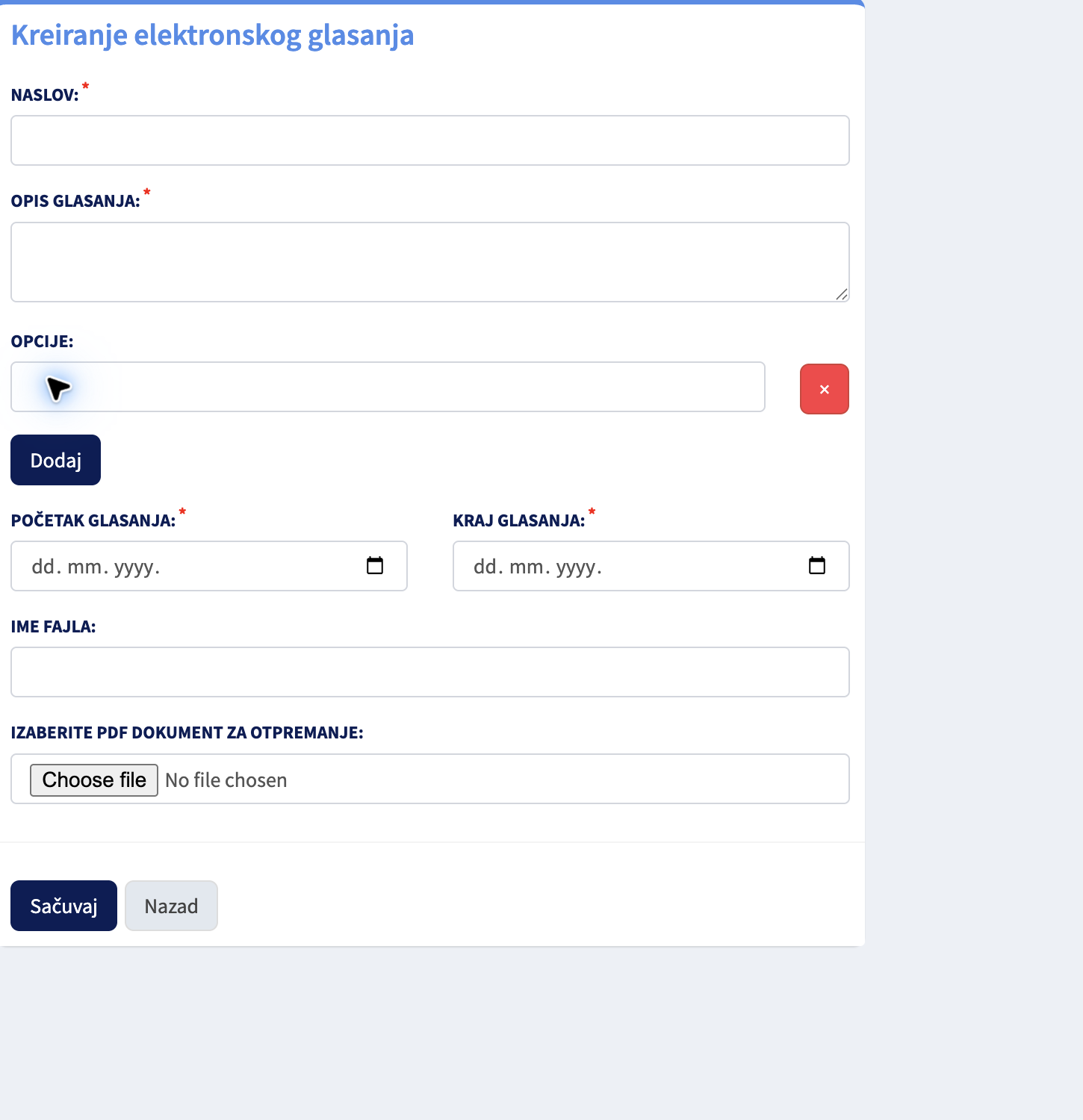 Forma Kreiranje elektronskog glasanja sa naslovom, opisom, opcijama, periodom glasanja i PDF dokumentom.