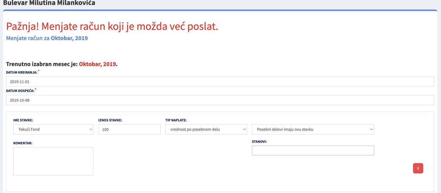Ekran izmene računa sa nazivom stambene zajednice, mesecom računa, datumima i stavkama obračuna.