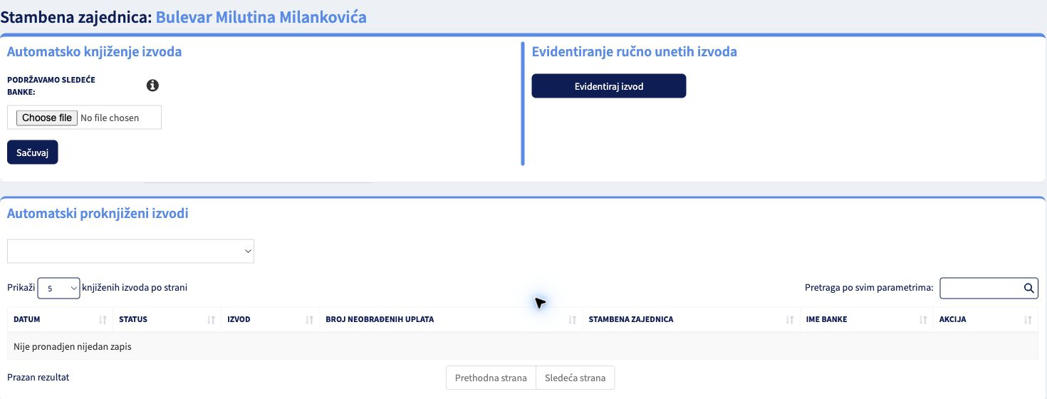Stranica Knjiženje izvoda sa odeljkom za automatsko knjiženje, ručnim evidentiranjem i tabelom automatski proknjiženih izvoda.