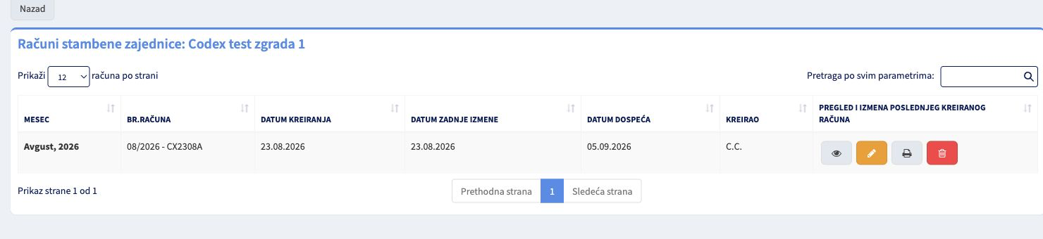 Lista računa test zgrade posle uspešno sačuvane izmene stavke poslednjeg računa.