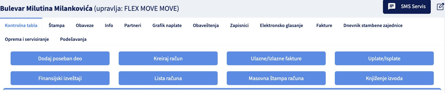 Vrh kontrolne table demo zgrade sa nazivom zgrade i dugmetom Masovna štampa računa.