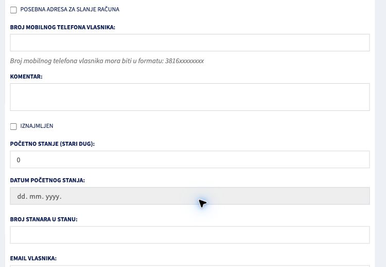 Donji deo forme stambene jedinice sa poljima Početno stanje stari dug i Datum početnog stanja.