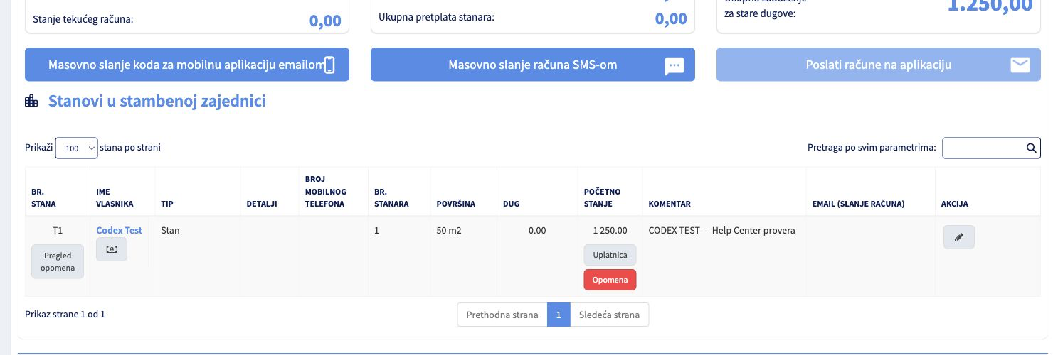Red test posebnog dela u tabeli stanova sa vidljivim sačuvanim početnim stanjem.