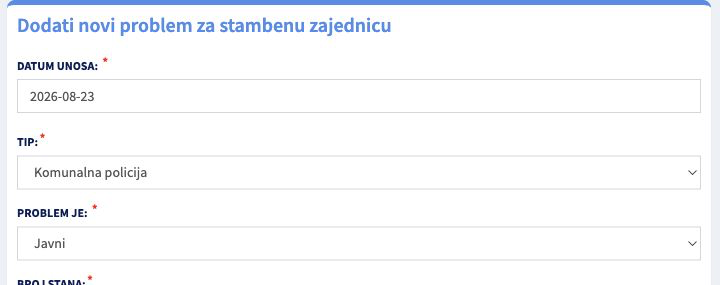 Gornji deo forme Dodati novi problem sa datumom unosa, tipom problema i izborom da li je problem javni ili interni.