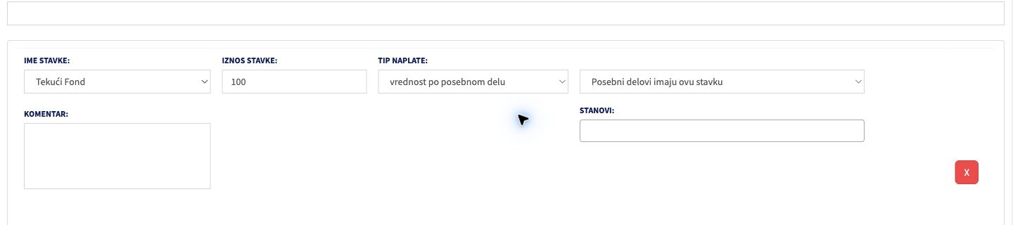 Jedna stavka na formi računa sa poljima Ime stavke, Iznos stavke, Tip naplate, izbor posebnih delova i stanova.