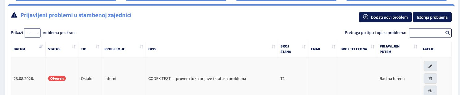 Pregled prijavljenih problema demo zgrade sa datumom, statusom, tipom, opisom, brojem stana i akcijama.